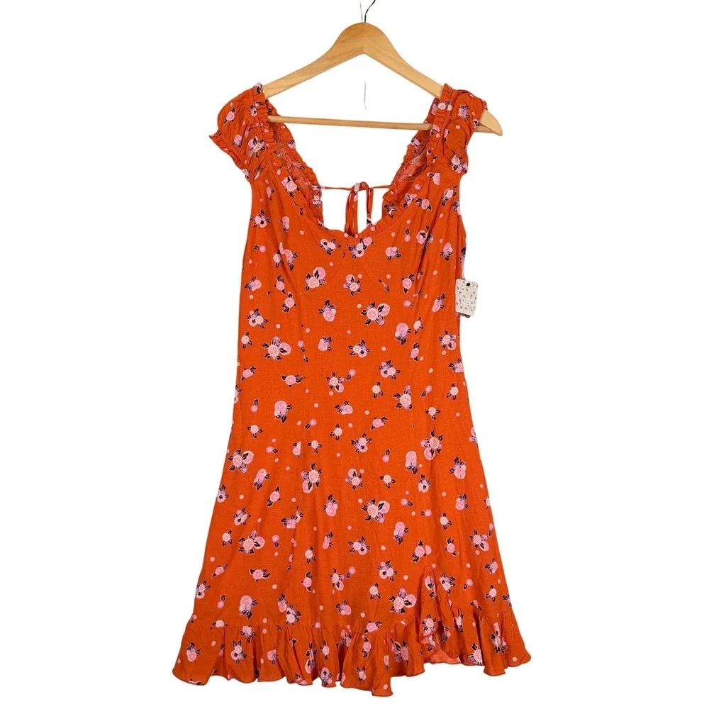 Free People Like a Lady Orange Floral Polka Dot Tie Back‎ Mini Dress Med NWT